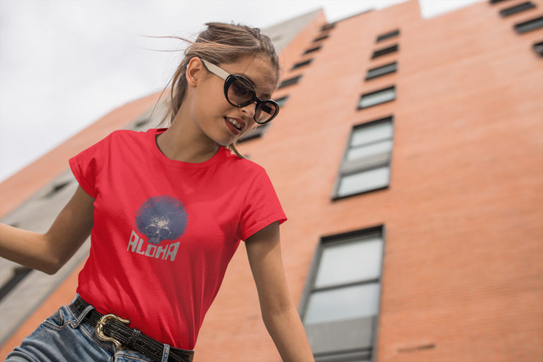 red unisex aloha afro skull retro t shirt from Brand X Alternative Apparel