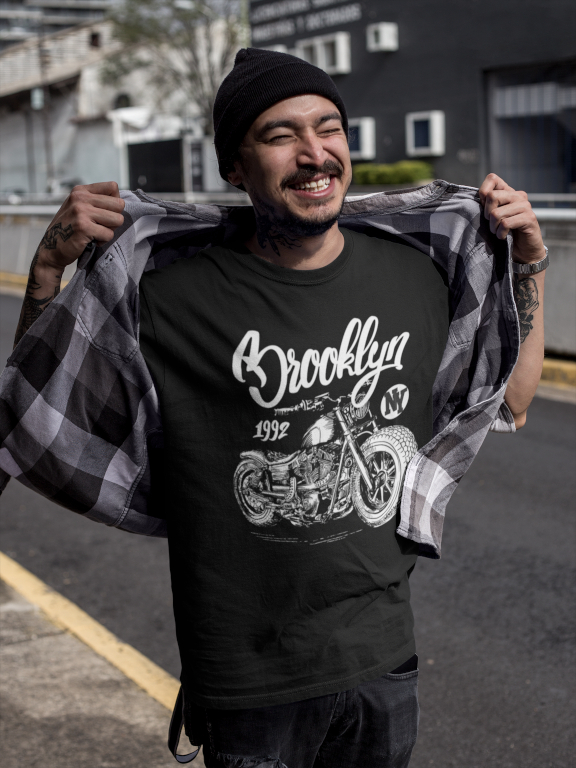 smiling tattooed asian man wearing a Brand X Alternative Apparel round neck t shirt outdoors