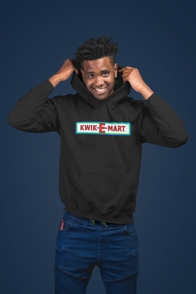 Man in black Brand X Kwik-E-Mart hoodie