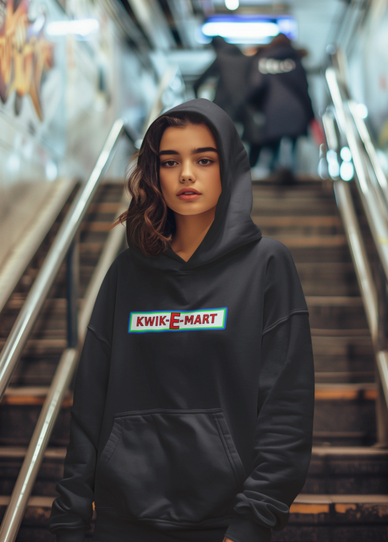 Girl in black Brand X Kwik-E-Mart hoodie