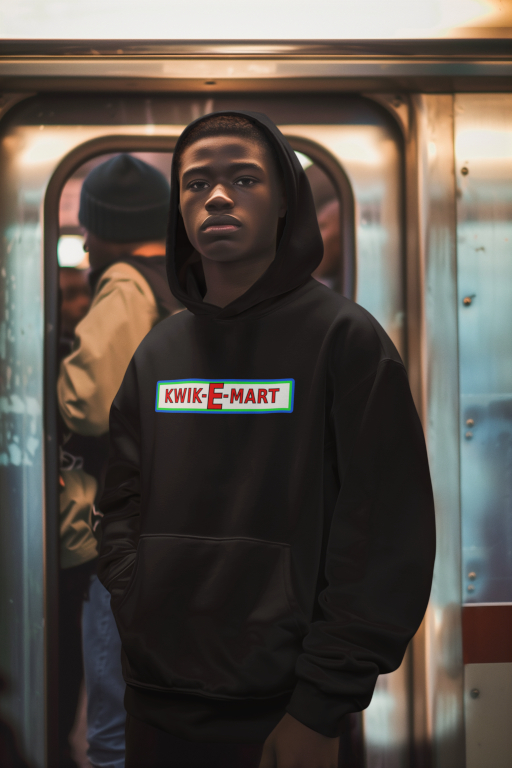 Man in black Brand X Kwik-E-Mart hoodie